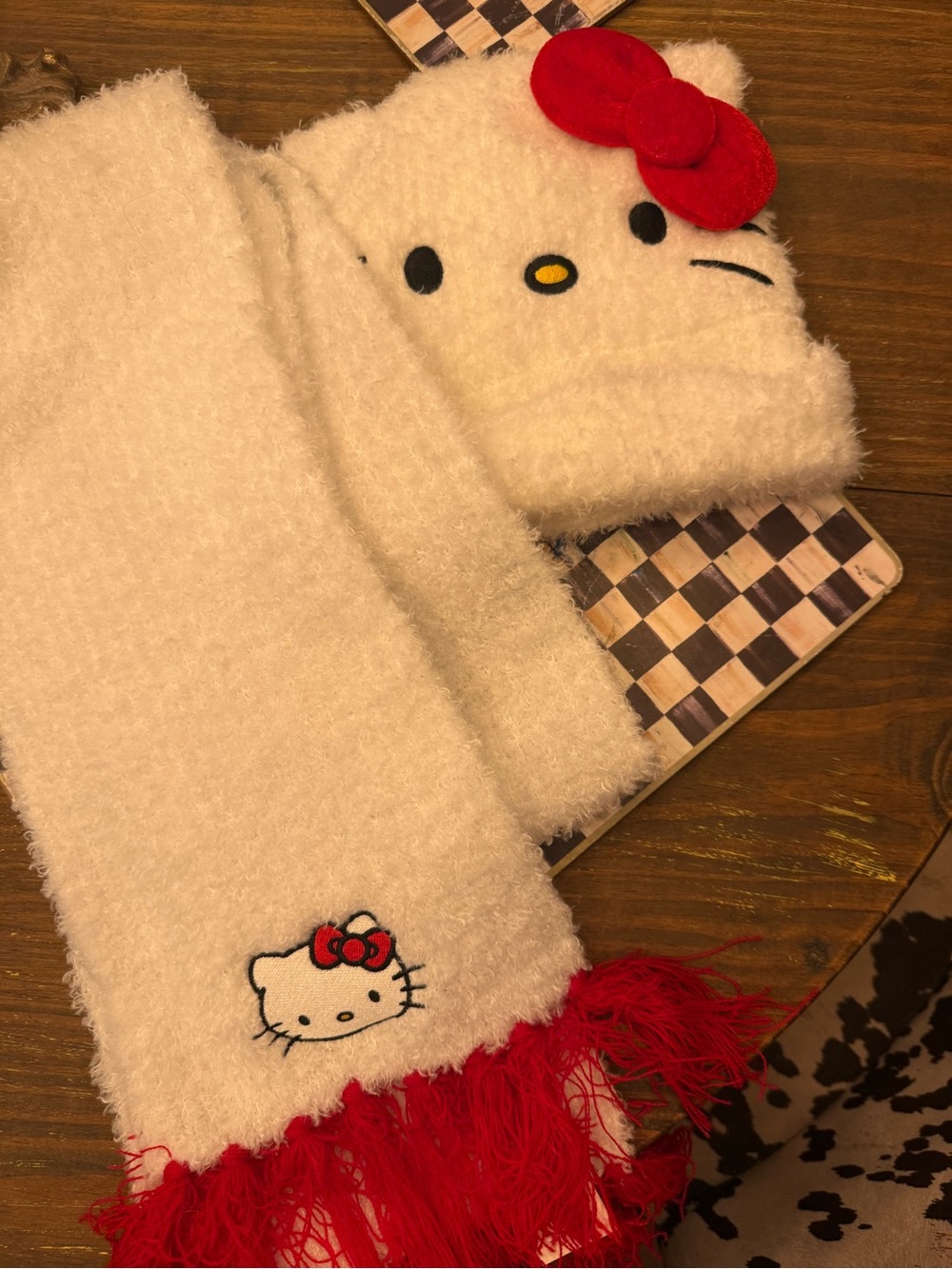 NEVER WORN Hello Kitty Cream and Red Plush Hat & Scarf Set